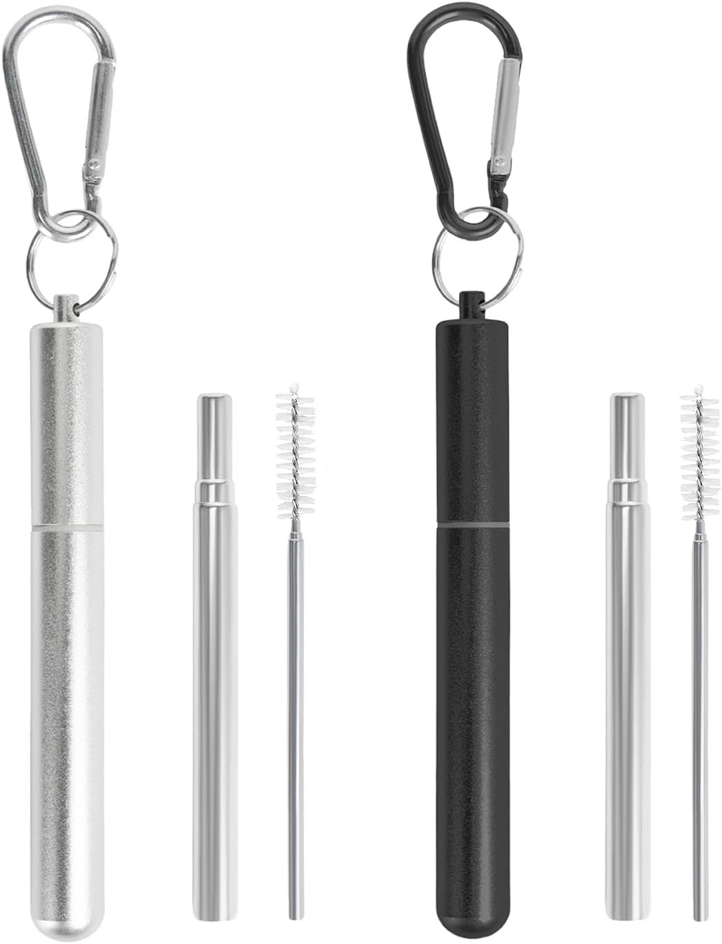 2 Pack Metal Straws for Cruise Ship Essentials, Travel Essentials, Reusable Straws with Aluminum Case, Cleaning Brush, and Keychains（Black）（Silver+Black）