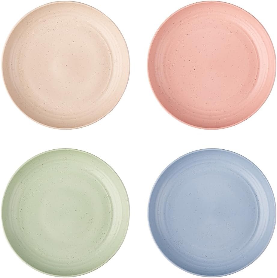 Irida Naturals Unbreakable Wheat Straw Snacks/Dessert Plates 8 Inch Reusable Lightweight Microwave Freezer Dishwasher Safe Deep Dinner/Salad Plates 4 Pc -Eco-Friendly Non-Toxic BPA Free |Multicolor