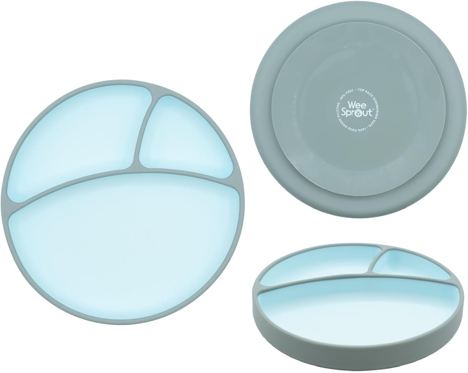 WeeSprout Silicone Suction Plate – Two-Tone Baby Plate with Suction Cup – Sectioned Divided Dish for Kids, Infants, Toddlers – Food-Grade Silicone Dinnerware (Sky/Matte Green)