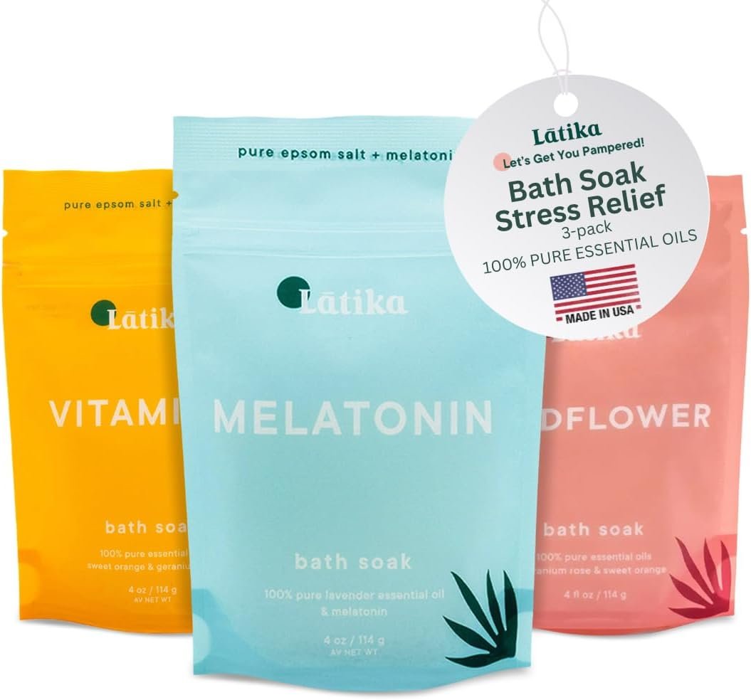 Latika Soaks Set of 3 – Wildflower, Melatonin, Vitamin C – Moisturizing Bath Soak with Epsom Salt & Essential Oils for Stress Relief, Muscle Recovery, & Relaxation – at-Home Spa