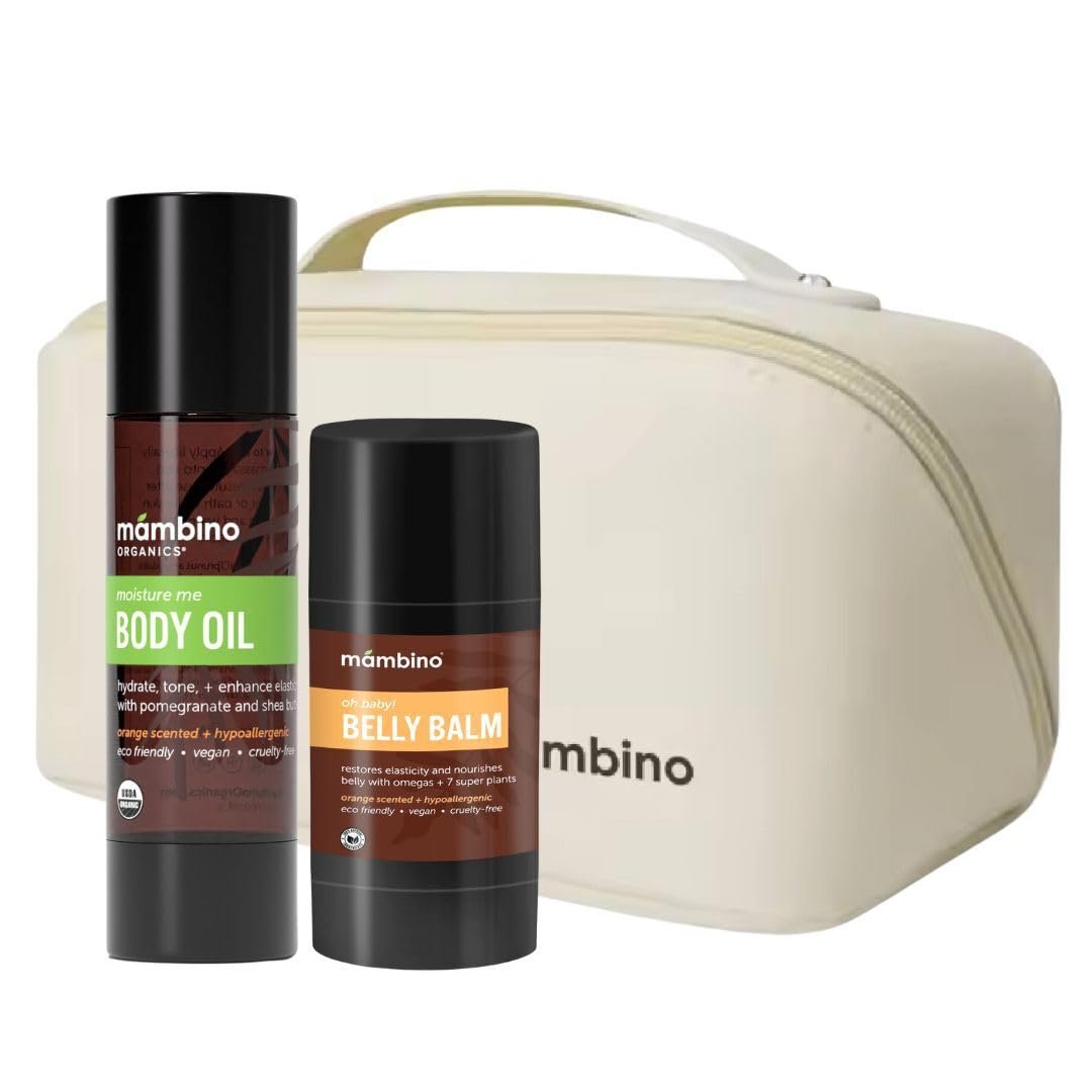 Organic Skincare Gift Set + Free Bag for Pregnant Women – Moisture Me Body Oil & Oh Baby! Belly Balm – Mambino Organics (Anti-Stretch Duo Kit)