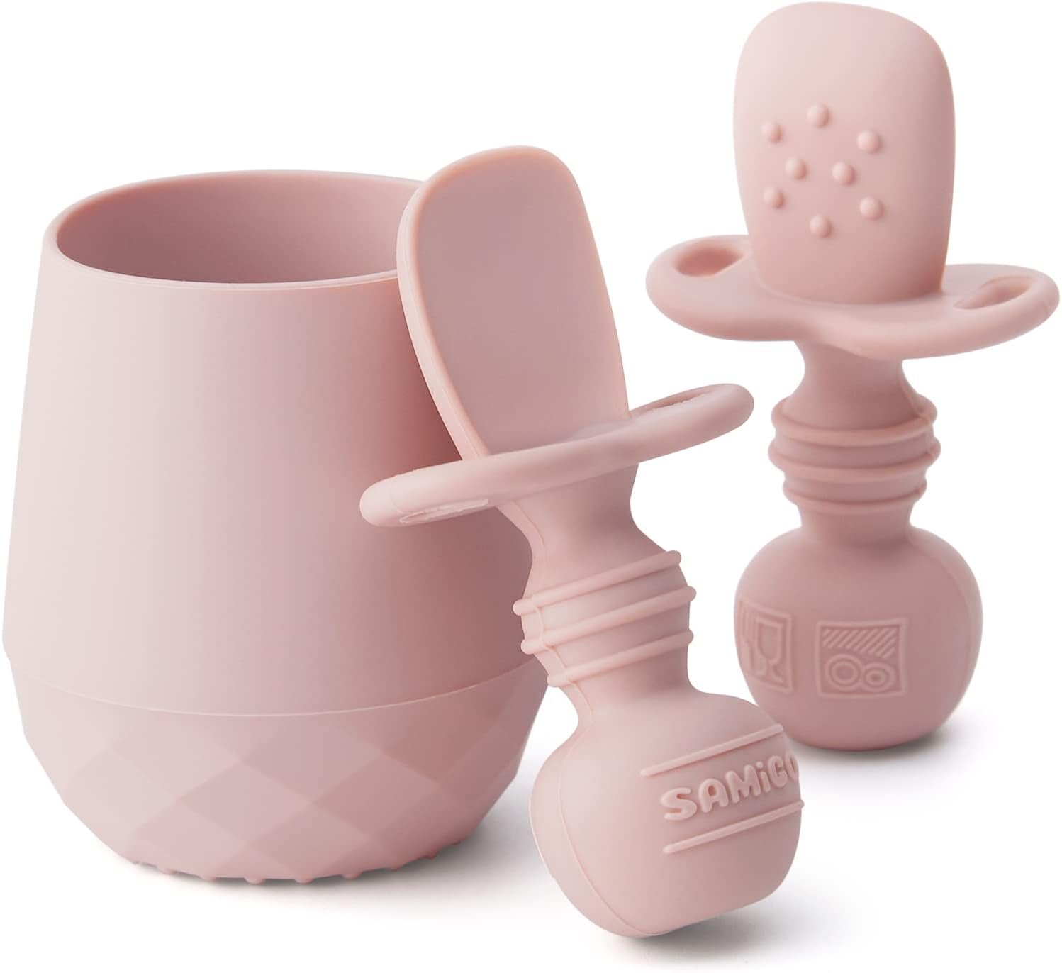 SAMiGO Silicone Baby Utensils – Self Feeding Spoons and Tiny Training Cup – First Stage Baby Led Weaning Supplies for 6 Months+ Infants – Set of 3