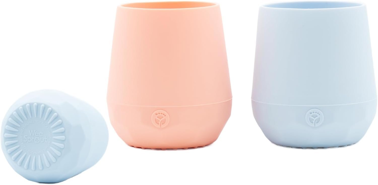 WeeSprout Silicone Baby Training Cups – Set of 2 Soft Silicone Cups – 2 oz Open Cup for Baby 6+ Months – Non-Slip Grip, Weighted Base – Gentle on Gums & Teeth (Pastel Blue & Pastel Coral)
