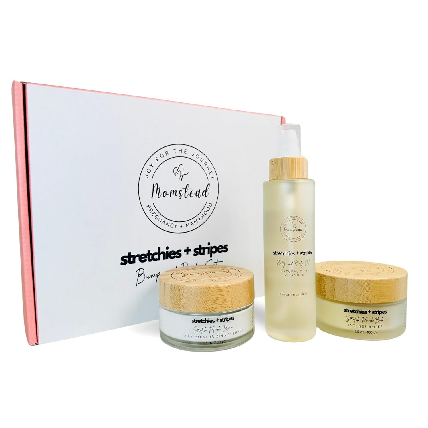 Stretchies and Stripes Bump and Body Stretch Mark Deluxe Gift Set | Body Oil, Stretch Mark Balm, Stretch Mark Cream | Pregnancy Safe | Gift for Mom