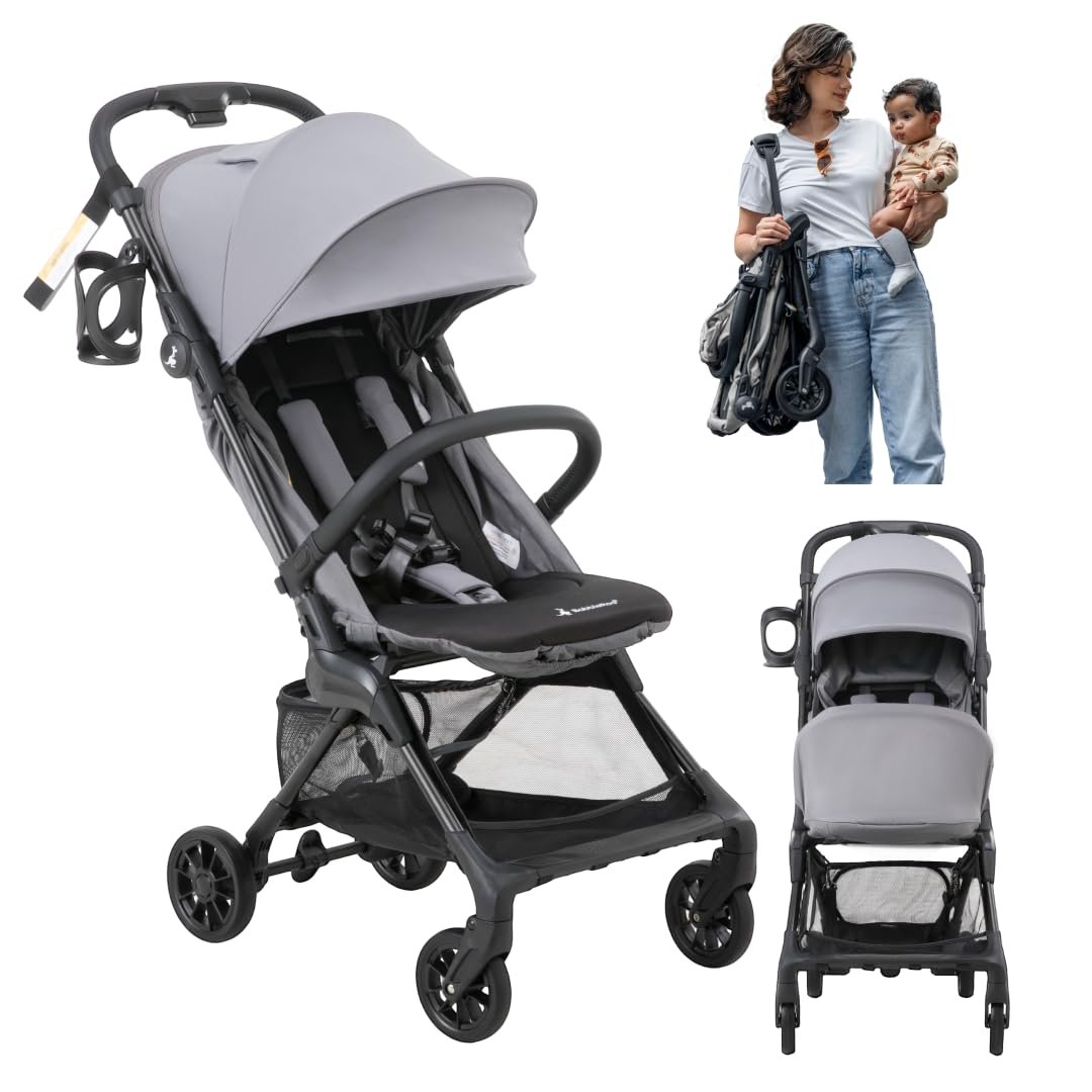BabbleRoo Hoplite Compact Stroller – Lightweight Travel Stroller for Airplane (12.3 lbs), Newborn to 55 lbs, Easy Fold, PU Wheels, Alloy Frame, Near-Flat Recline, Raincover, Cup Holder, Baby Stroller