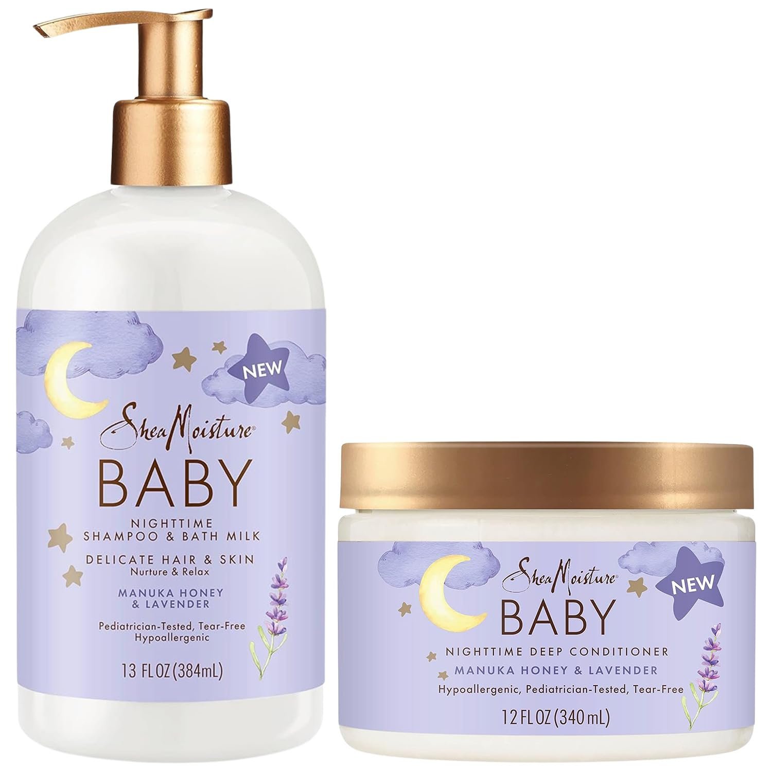 SheaMoisture Baby Essentials, Nighttime Shampoo & Bath Milk + Deep Conditioner, Manuka Honey & Lavender, Pediatrician-Tested, Hypoallergenic, Tear-Free