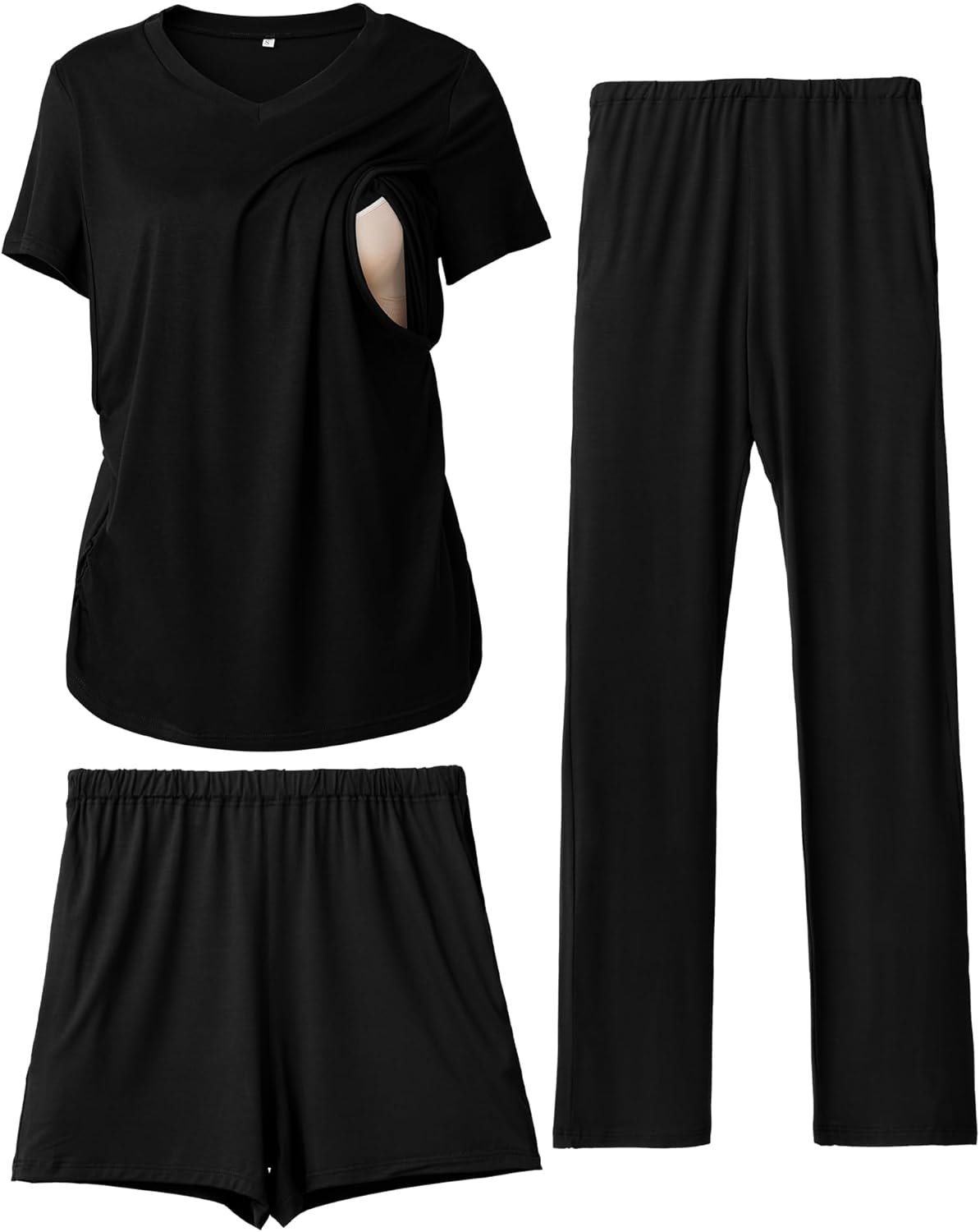 Rnxrbb 3 Piece Women’s Maternity Nursing Pajamas Set V Neck Breastfeeding Pjs Sleepwear Postpartum Shorts&Pants Pockets