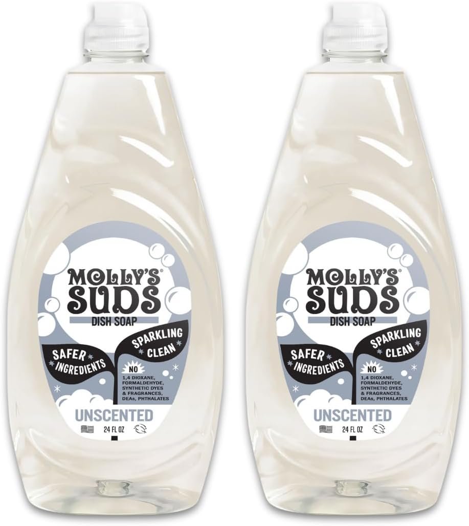 Molly’s Suds Liquid Dish Soap | Clean, Simple Ingredients | Extra Scrubbing Power | Unscented, 24 oz – 2 Pack