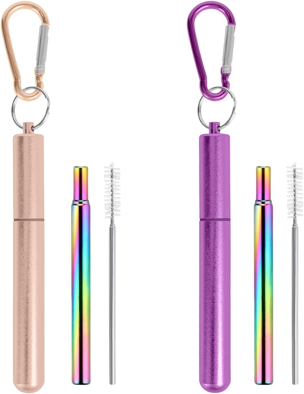 Metal Straws, Reusable Straws with 1 Aluminum Case, 1 Cleaning Brush, and 1 Keychains, for Cruise Ship Essentials, Travel Essentials(Purple/Rose)