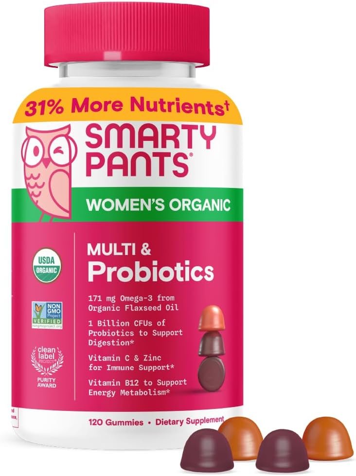 SmartyPants Organic Women’s Multivitamin Gummies: Biotin, Probiotics, Methylfolate, Omega 3 (ALA), Vitamin D3, C, Vitamin B12, B6, A, K & Zinc, Inositol, Gluten Free, 120 Count (30 Day Supply)