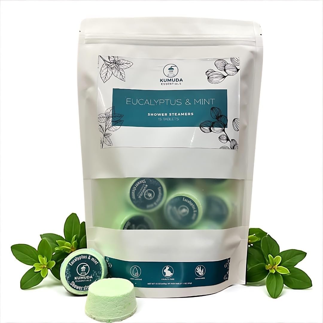 Kumuda Essentials Shower Steamers Pack of 15 Eucalyptus and Mint Aromatherapy Tablets Gift for Women, Birthday, Anniversary (30g Each)