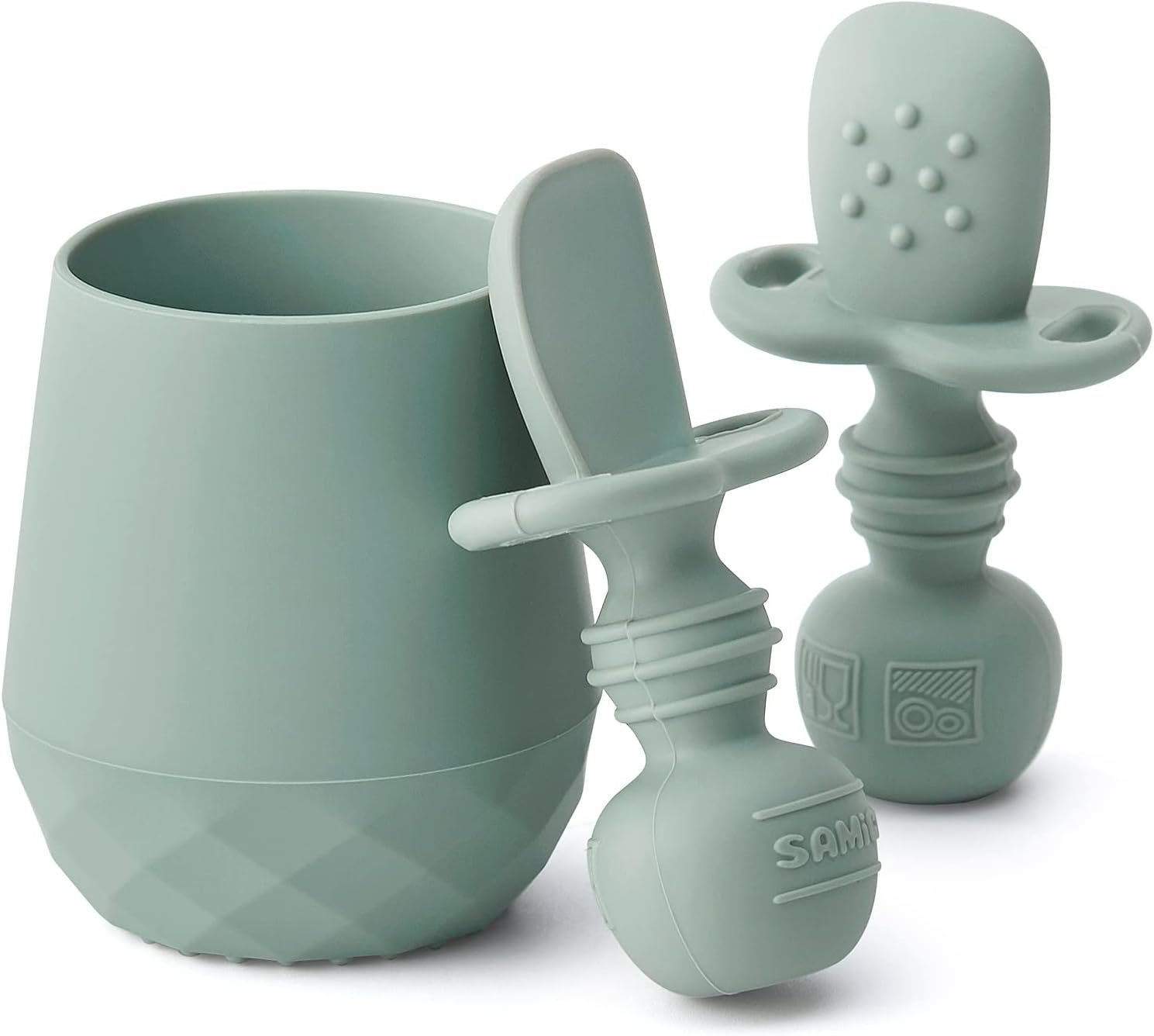 SAMiGO Silicone Baby Utensils – Self Feeding Spoons and Tiny Training Cup – First Stage Baby Led Weaning Supplies for 6 Months+ Infants – Set of 3