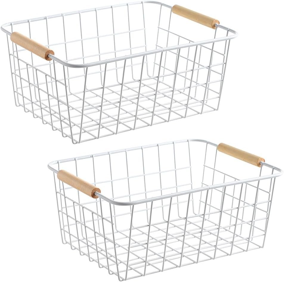 LeleCAT white wire baskets for organizing with Wooden Handles Storage Organizer Baskets, Household snack basket for Cabinets, Pantry, Closets, Bedrooms, pantry organizers and storage – Set of 2（White）