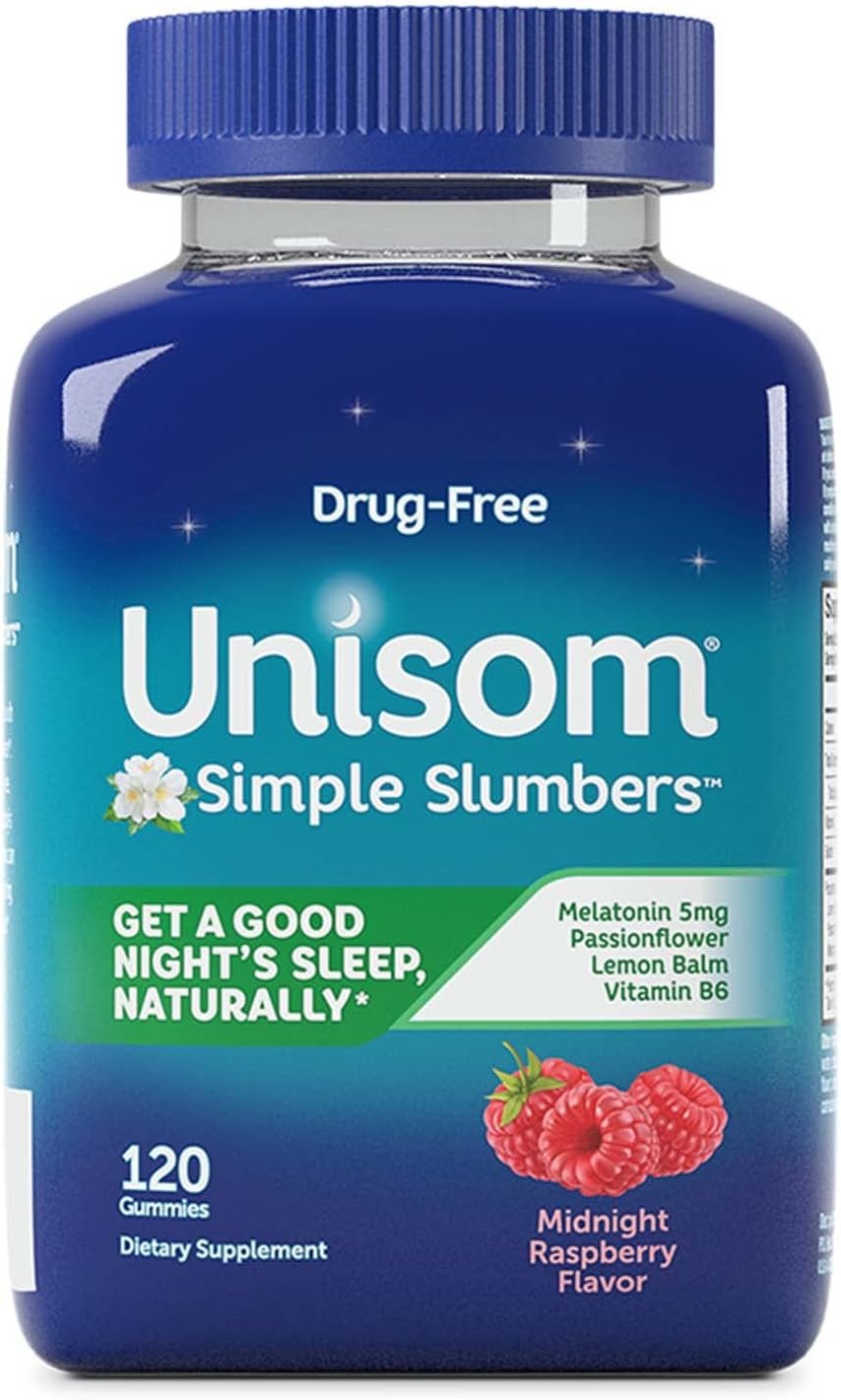Unisom Simple Slumbers Drug-Free Sleep Aid Gummies, Melatonin 5mg, Sleep Support for Adults, Midnight Raspberry Flavor, 120 Count