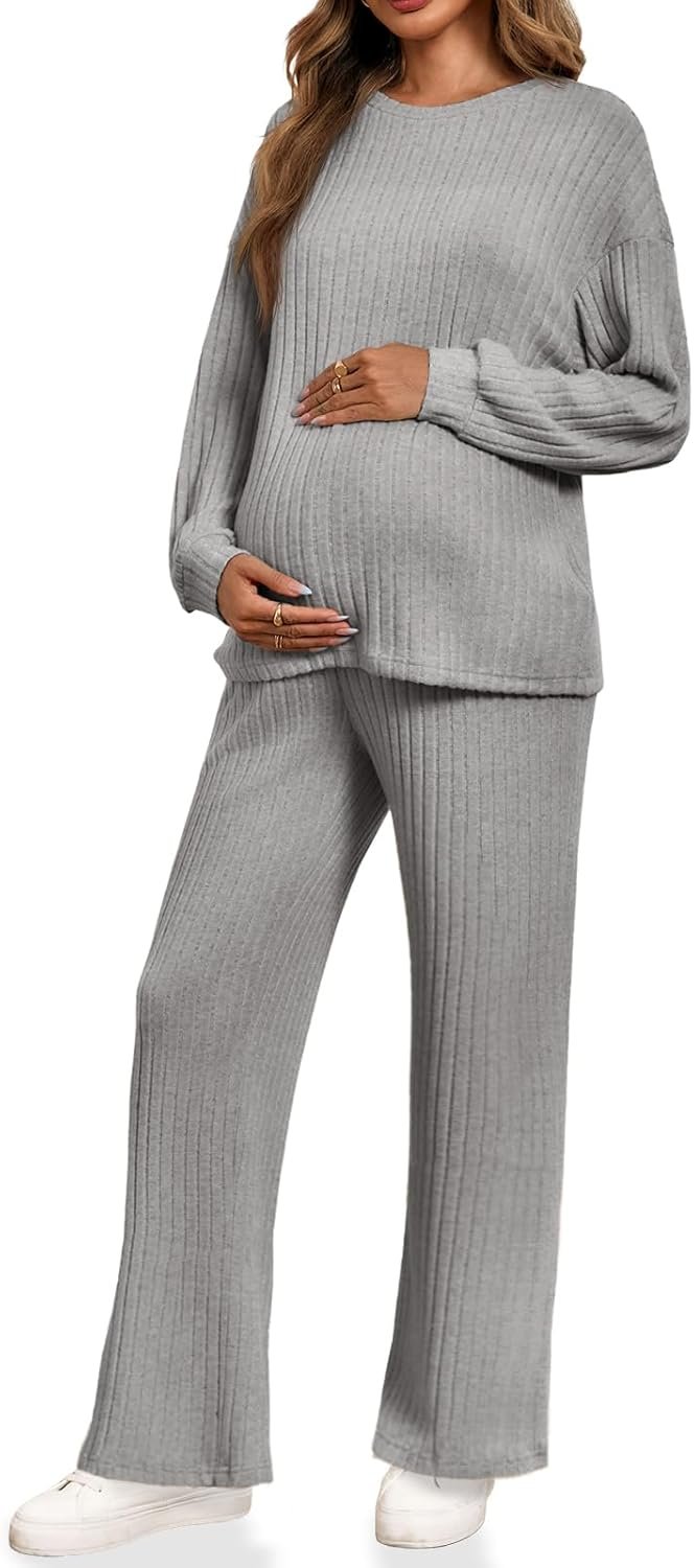 Yousify Womens Maternity Pajamas Sets 2 Piece Outfits Ribbed Knit Long Sleeve Tops Pants Loungewear Mama Clothes