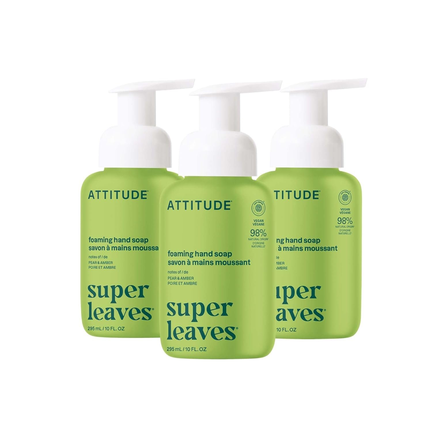 ATTITUDE Foaming Hand Soap, EWG Verified, Plant and Mineral-Based Ingredients, Vegan and Cruelty-free Personal Care Products, Pear & Amber, 10 Fl Oz (Pack of 3)