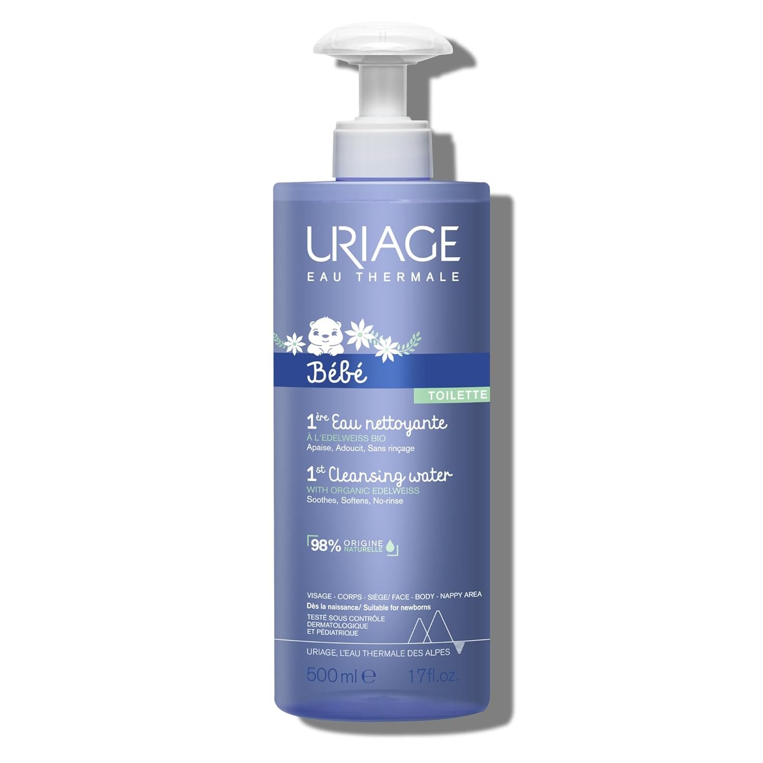 URIAGE Baby 1st Cleansing Water with Organic Edelweiss I No-Rinse, Soothes, and Softens, Face & Body, Paraben & Soap Free, 500 mL / 17 oz