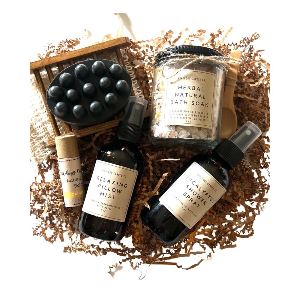Handmade Spa Set, Natural Self-Care Essentials, Relaxing Gift Sets for Her,Gifts for Women, herbal natural bath soak, natural lip balm,relaxing pillow mist, Eucalyptus shower spray, Charcoal Soap Bar
