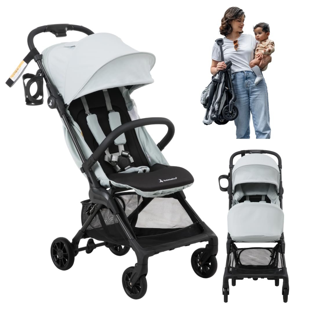 BabbleRoo Hoplite Compact Stroller – Lightweight Travel Stroller for Airplane (12.3 lbs), Newborn to 55 lbs, Easy Fold, PU Wheels, Alloy Frame, Near-Flat Recline, Raincover, Cup Holder, Baby Stroller
