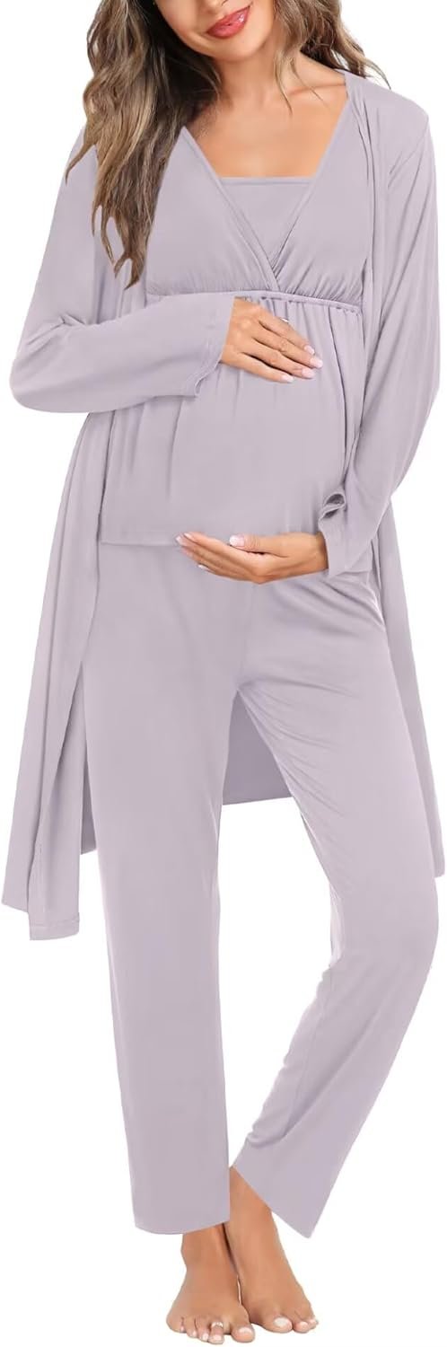 SWOMOG Women Maternity Nursing Pajamas Sets 3 Piece Breastfeeding Robe 3 in 1 Labor Delivery Sleeveless Pregnancy Pjs & Pants