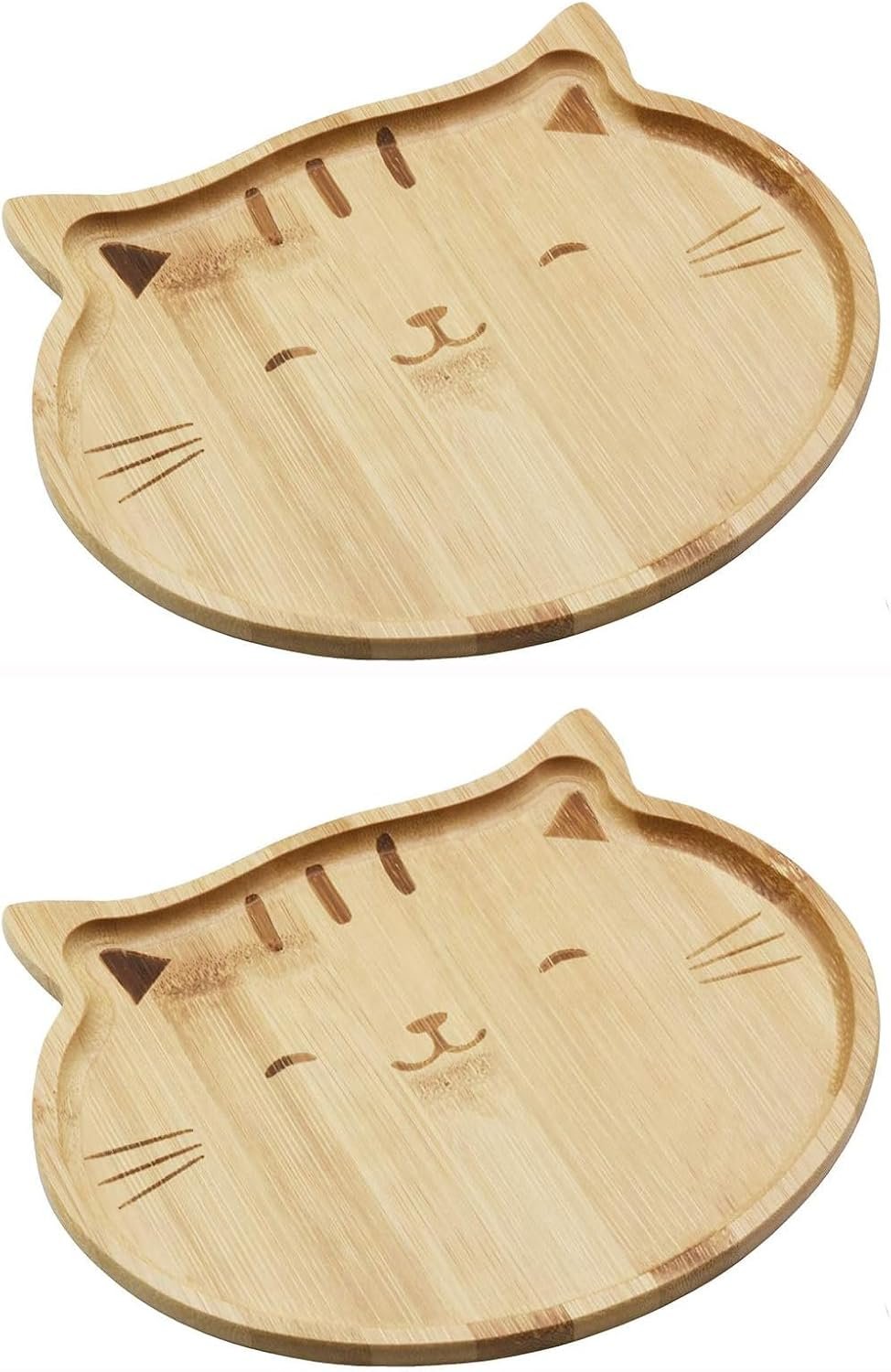 JB HOME COLLECTION 4572, Bamboo Cat Shape Food Plate for Snacks Appetizer Fruit Vegetable | Food Platter | Picnic Kitchen Party | Eco-Friendly Plates, 7″x6.5″, Cat Face, 2 Pack