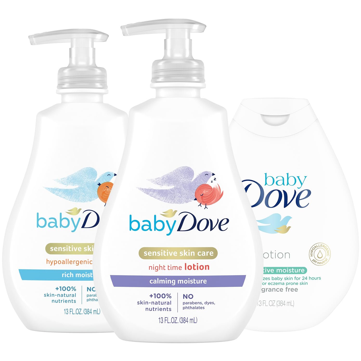Dove Baby Lotion Sensitive Skin Care Bundle – Ultra-Gentle Face & Body Lotions for Newborns & Infants, 2 Hypoallergenic Scents, 1 Fragrance-Free, 13 Oz Ea