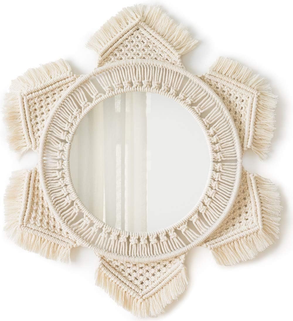 Mkono Boho Wall Mirror Decor Round Macrame Hanging Wall Art Decoration for Bedroom Nursery Living Room Apartment Office Entryways Home, Teen Girl Mothers Gift, Ivory