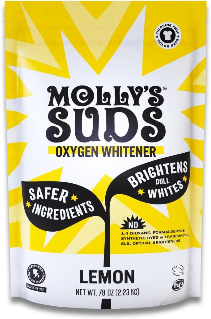 Molly’s Suds Oxygen Whitener | Powerful Bleach Alternative, Chlorine Free & Color Safe | Brightens Whites and Removes Stains (Pure Lemon Essential Oil – 79 oz)