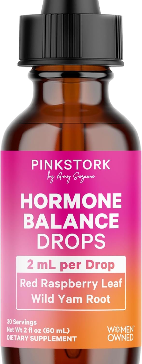 Pink Stork Hormone Balance Drops for Women – Supports Hormonal Health, PMS, Perimenopause & Mood, with Red Raspberry Leaf & Wild Yam – Liquid Supplement – Vegan, 2oz, 30 Servings