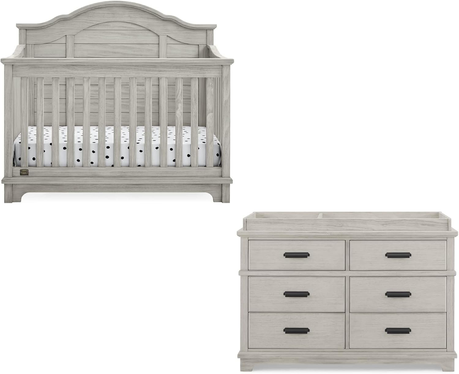 Delta Children Asher Crib and Dresser Nursery Furniture – 6-in-1 Convertible Crib with Toddler Rail | Fully Assembled 6 Drawer Dresser with Changing Top | Rustic Mist