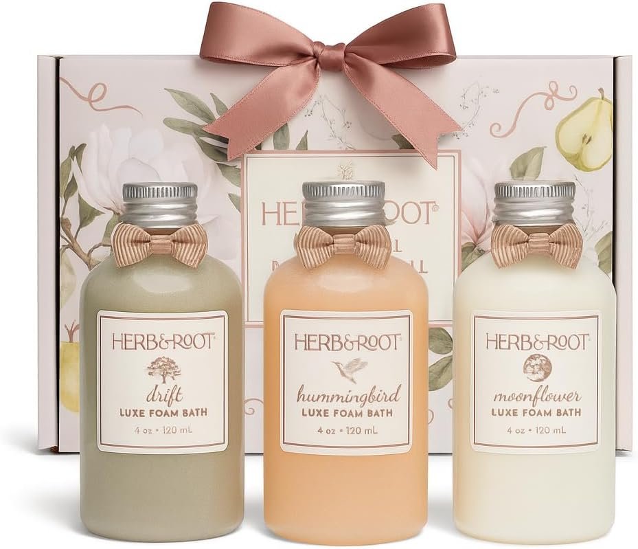 Herb & Root Luxe Bubble Bath Gift Set, 3 x 4 oz Bottles, Botanical Bath Trio with 3 fragrances, Relaxing Foam Bath, self Care spa Gift for Women, mom, Birthday, Holiday