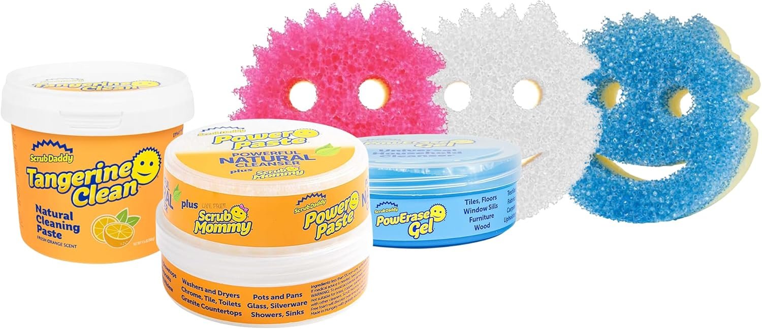Scrub Daddy Sponges + Household Cleaning Supplies Bundle – PowerPaste Cleaning Putty, Tangerine Clean, PowErase Gel All Purpose Cleaner & Scrub Mommy (3 Pastes & 3 Sponges)