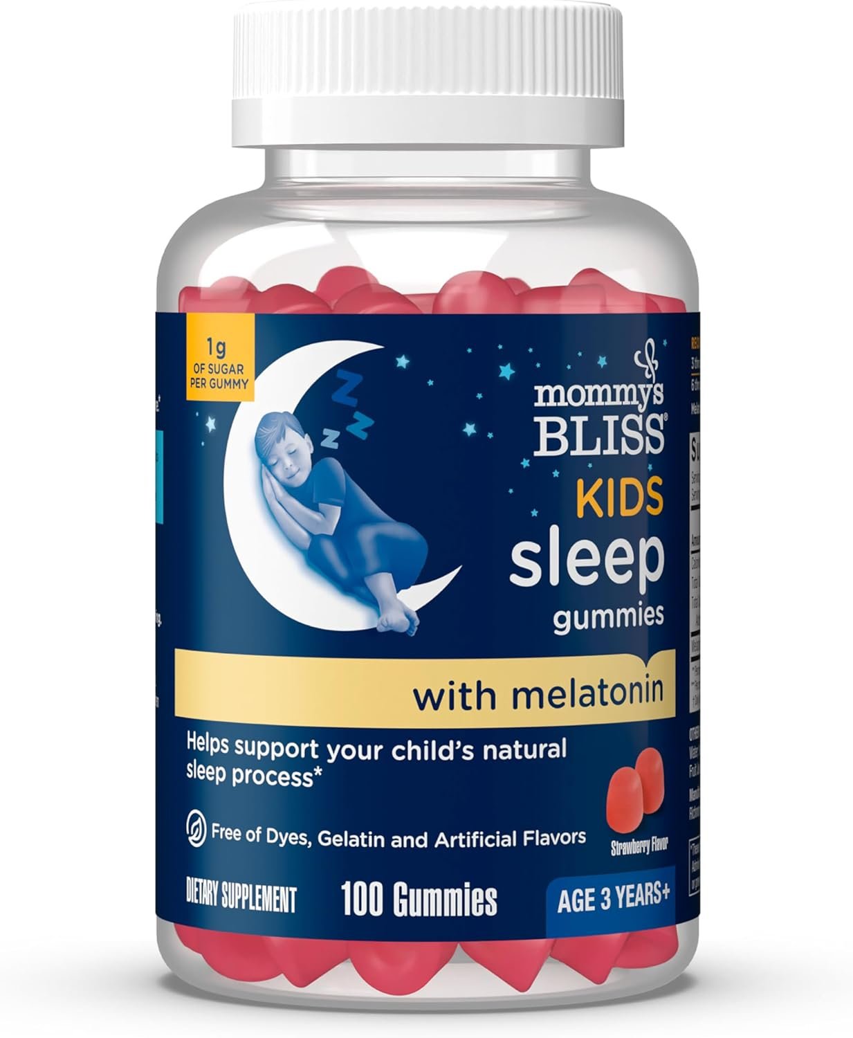 Mommy’s Bliss Kids Sleep Melatonin Gummies, Non Habit-Forming with No Artificial Colors, Flavors or Gelatin – Age 3 Years+ – Strawberry Flavor – 100 Sleep Gummies
