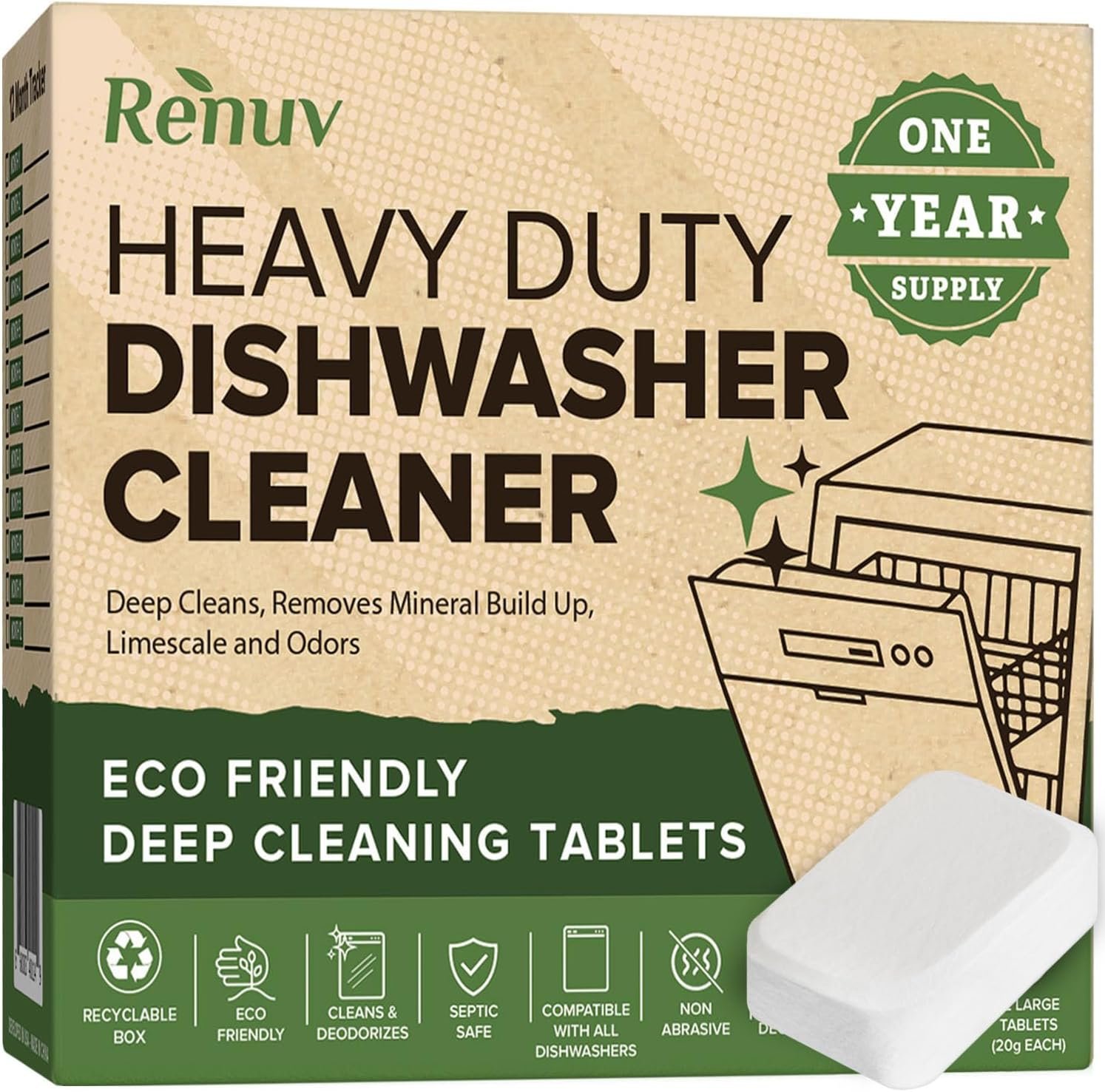 Heavy Duty Dishwasher Cleaner and Deodorizer Tablets, Descaler, Deep Cleaning, Natural Odor and Smell Remover, Calcium, Limescale, Hard Water Marks, Grease, Septic Safe Pods (12 Tabs – 1 Yr Supply)