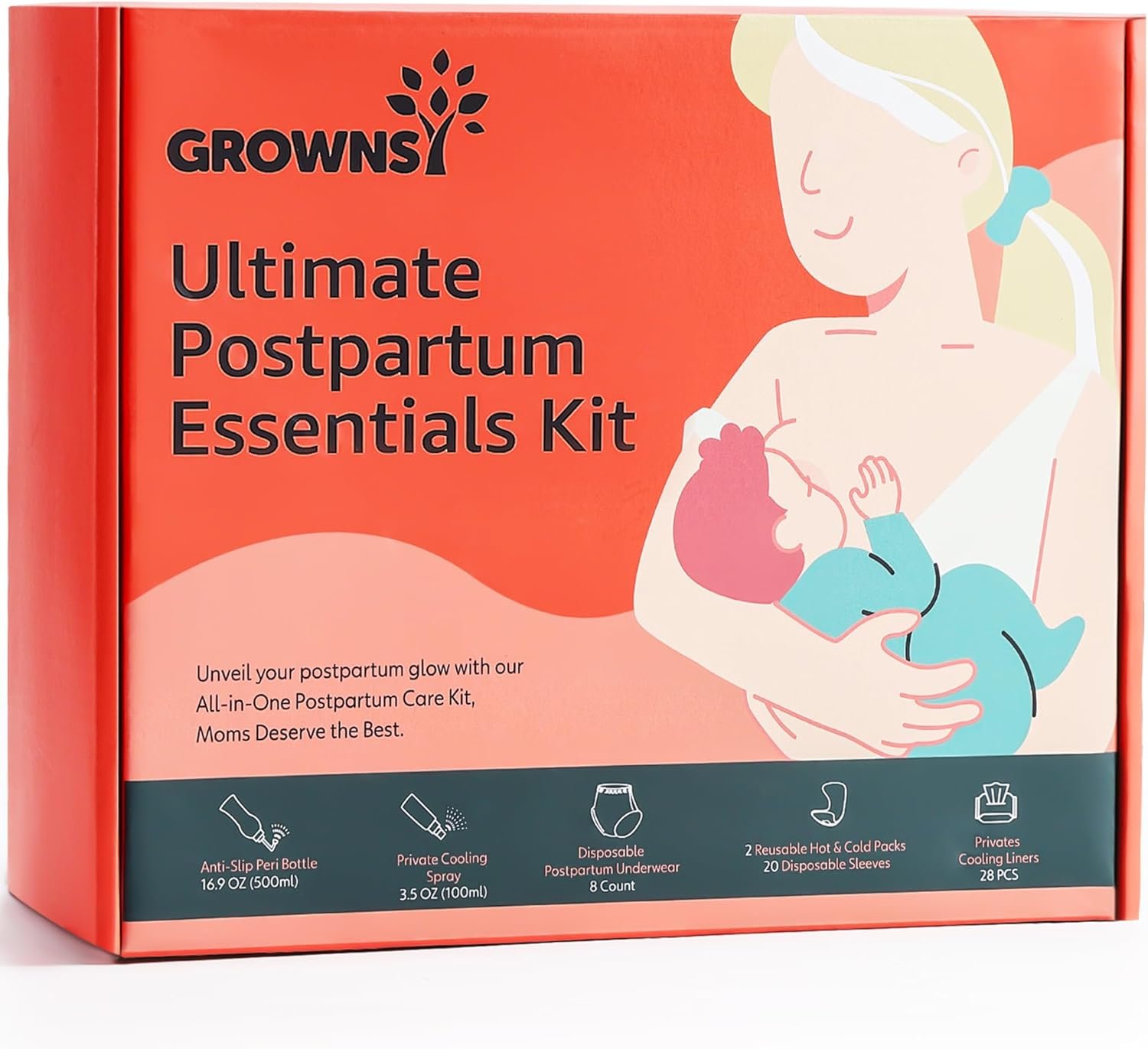 GROWNSY Postpartum Essentials Recovery Kit for Women After Birth, Includes 8 Self-Absorbent Postpartum Disposable Underwear, Peri Bottle, Perineal Spray, 28 Cooling Pad Liners, 2 Post Partum Ice Packs