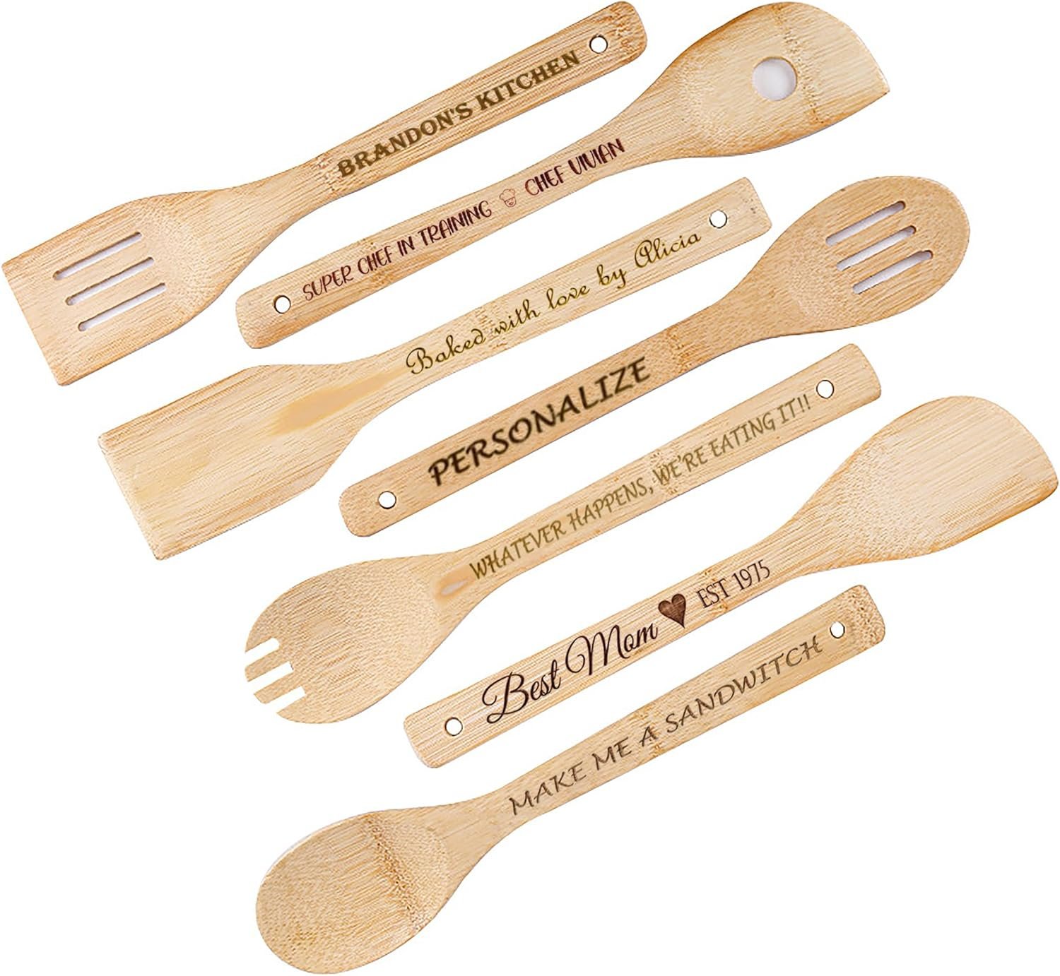 Personalized 7 Pieces Wooden Cooking Sets, Custom Engraved Wooden Kitchen Utensils, Design Text Bamboo Spoon & Spatula Kitchenware for Birthday Christmas Housewarming Gift (Bamboo Cooking Utensil Set)