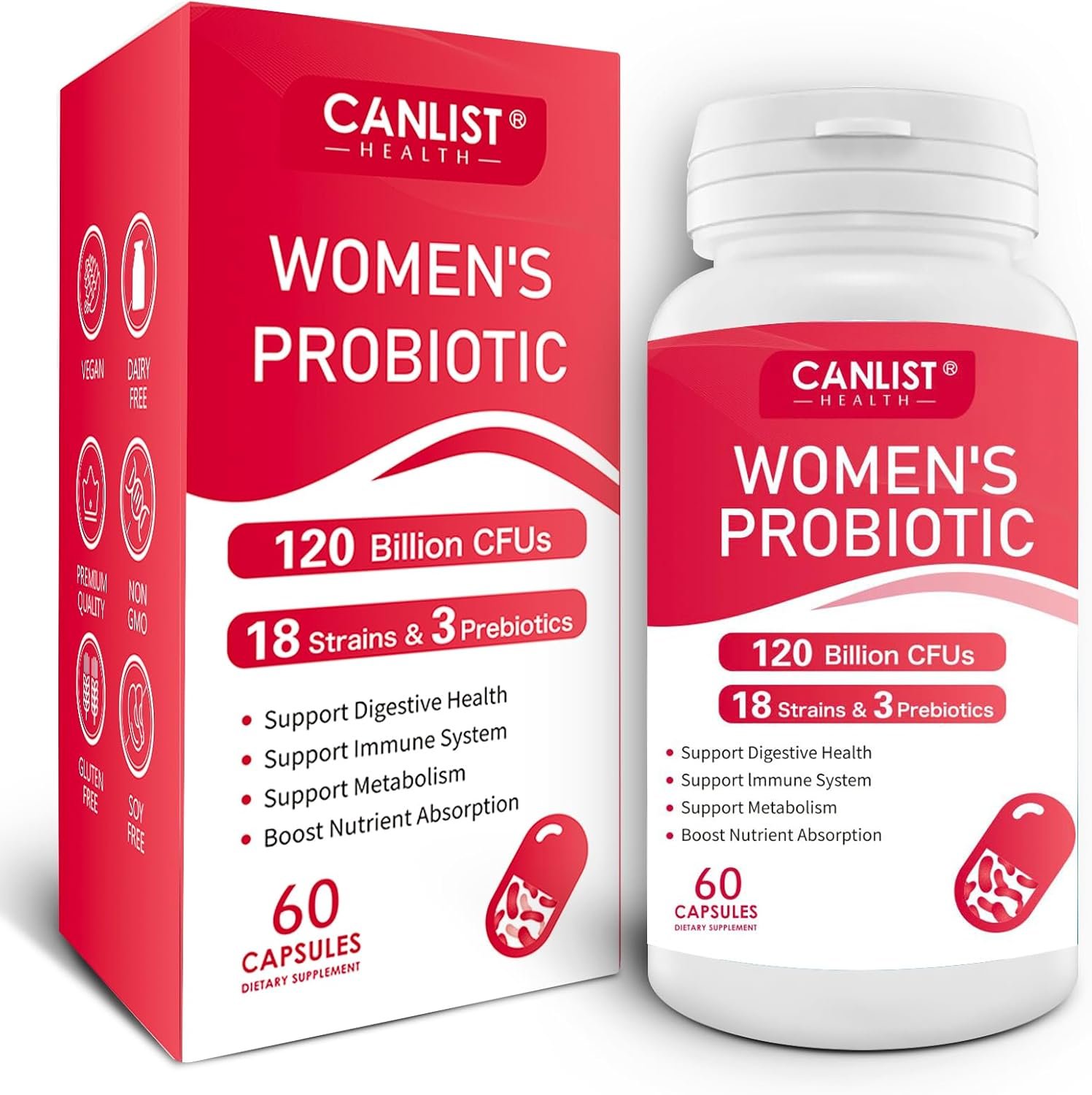 Women’s Probiotics 120 Billion CFUs 18 Strains 3 Prebiotics & Digestive Enzymes Contains Organic Prebiotic Cranberry Women’s Health Digestive & Immune Support Non-GMO, 60 Capsules