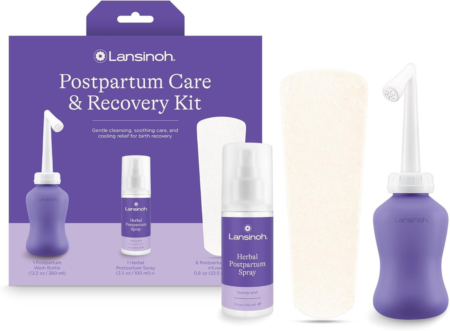 Lansinoh Postpartum Recovery Essentials Kit | 8-Piece New Mom Gift Set with Peri Bottle, Herbal Spray & Ice Packs for Soothing After Birth Care