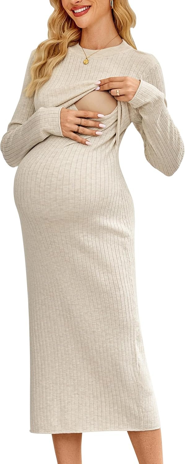 OUGES Women’s Wool Blend 2025 Maternity Sweater Nursing Dress Long Sleeve Crew Neck Slim Fit Ribbed Knit Midi Fall Dress