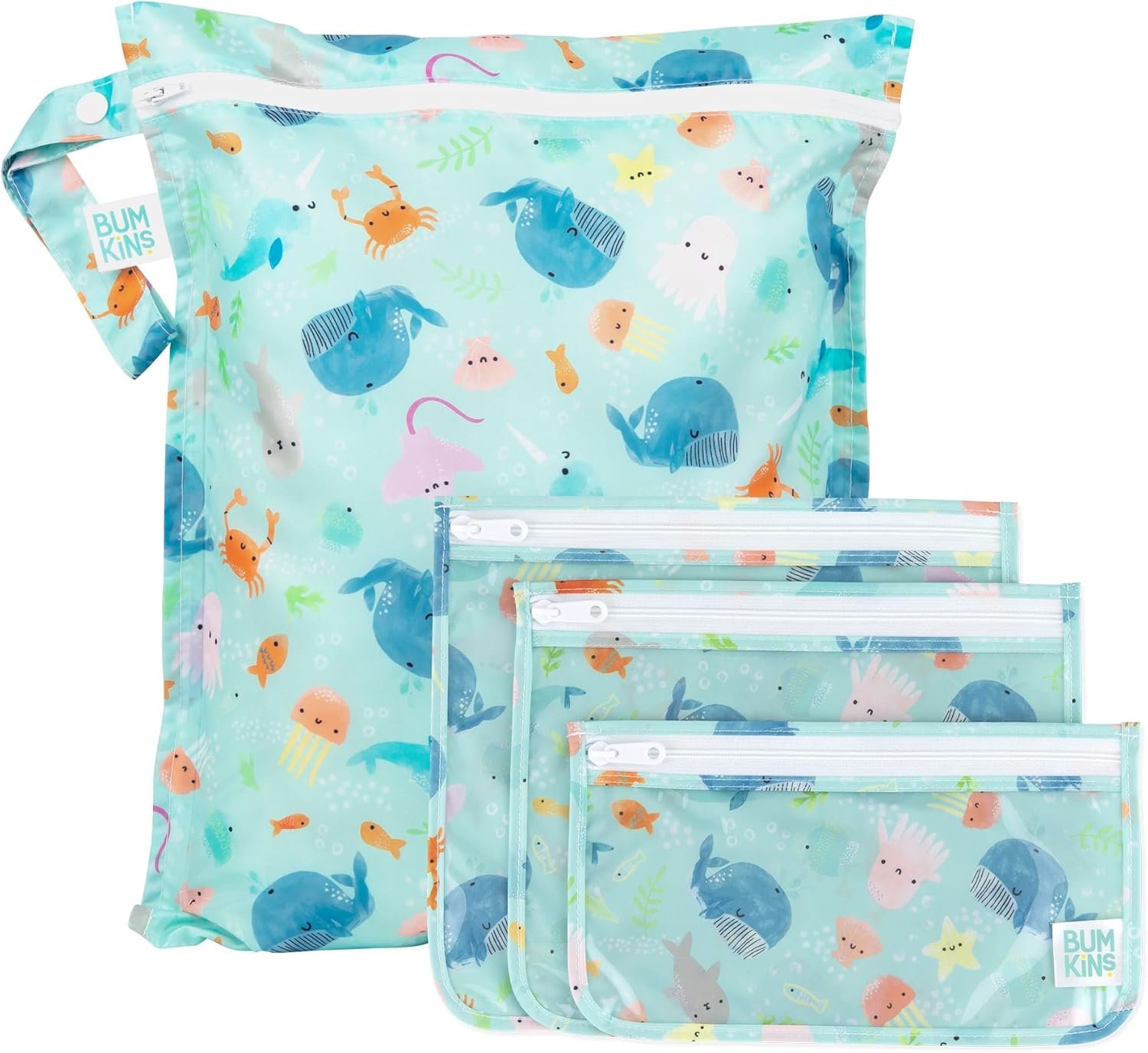 Bumkins – Waterproof Wet Bag & Clear Travel Bags – For Beach, Baby, Travel, Swim Suit, Cloth Diapers, Pump Parts, Pool, Gym, Toiletries – Reusable & Easy to Clean – Ocean Life Blue – 4 Pack