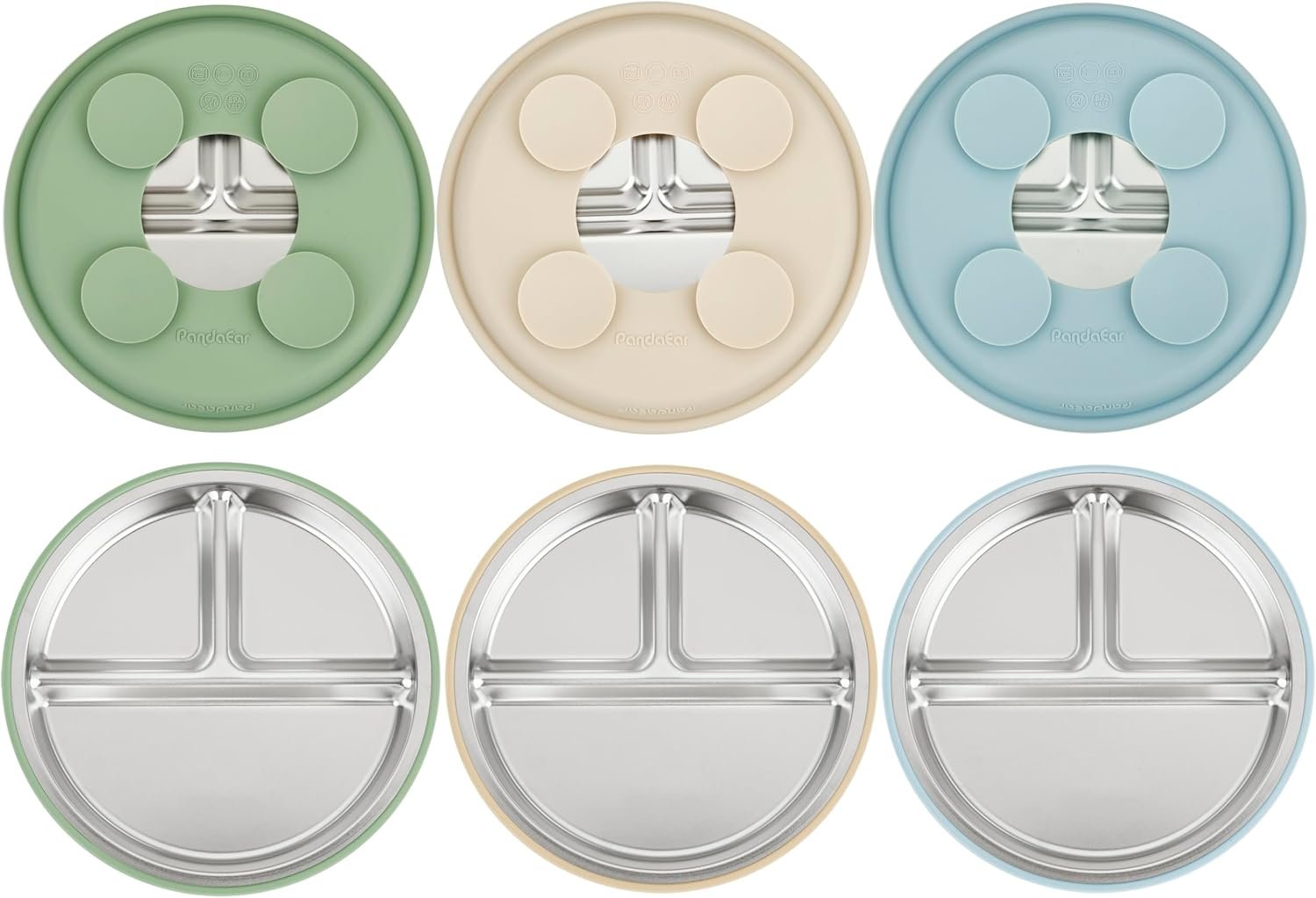PandaEar 3 Pack Stainless Steel Baby Suction Plates, Divided Toddler Plate for Baby Led Weaning Supplies, Non-Slip Toddler Baby Feeding Set Dishwasher Safe (Blue/Green/Brown)