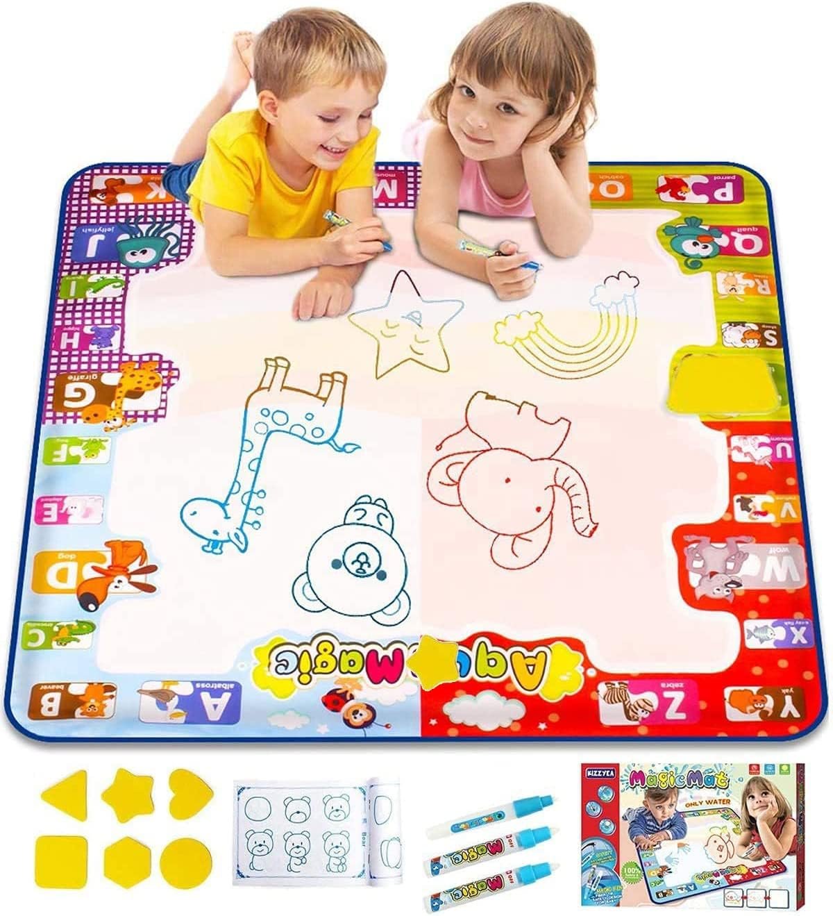 KIZZYEA Toys for 2 3 4 5 Years Old Boys Girls, Water Doodle Mat for Kids, Large Coloring Painting Writing Mat with Neon Colors, Educational Toys Christmas Birthday Gifts for Age 2-4, 3-5 Toddlers