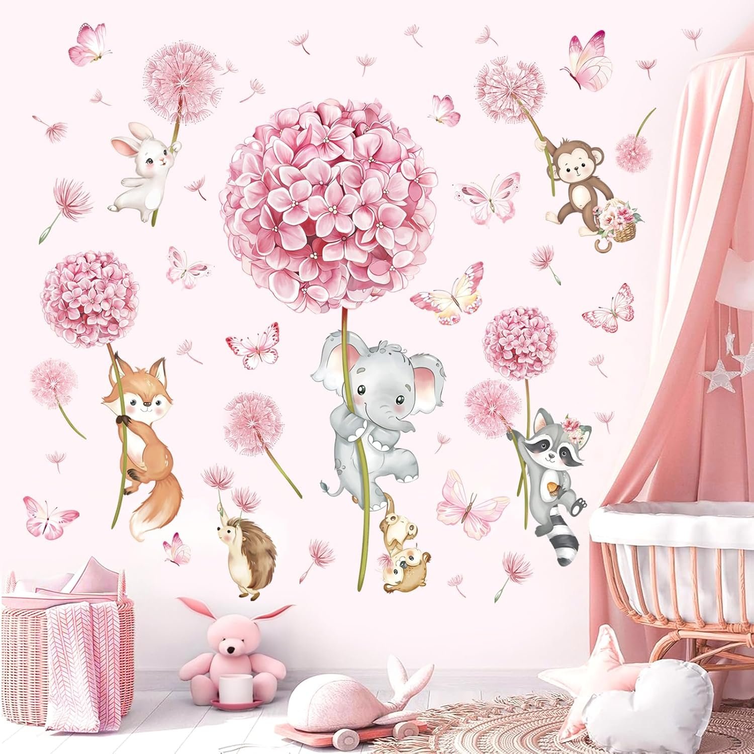 decalmile Animal Flower Pink Dandelion Wall Stickers Forest Animals Elephant Fox Monkey Wall Decals Baby Nursery Girls Bedroom Kids Room Wall Decor