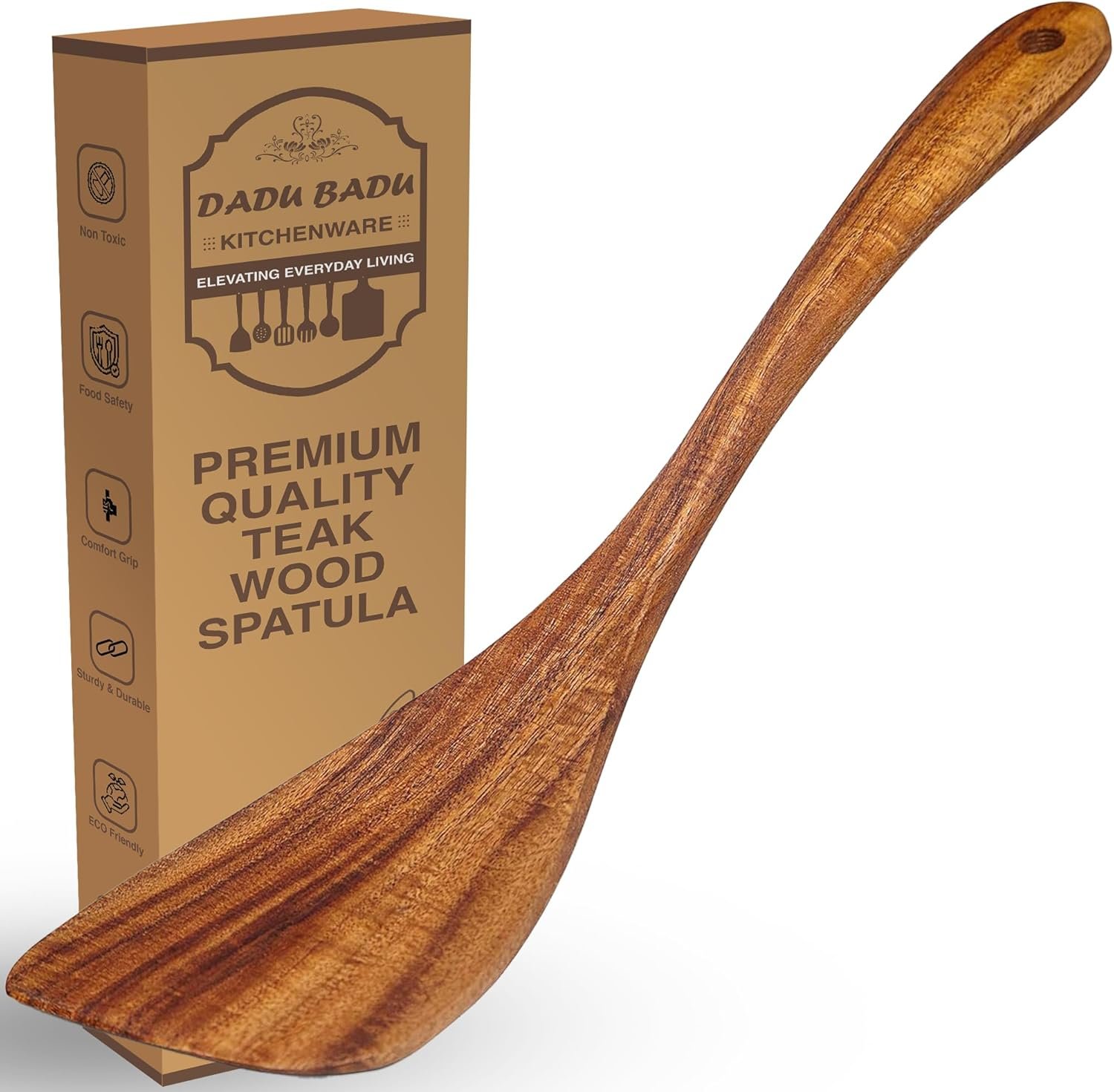 Wooden Spatula – Nonstick Turner with Long Handle for Cooking Eggs, Fish, Pancakes – Handmade Flat Frying Spatula – Ideal Kitchen Wooden Utensil Gift for Mom, Wife, or Grandma