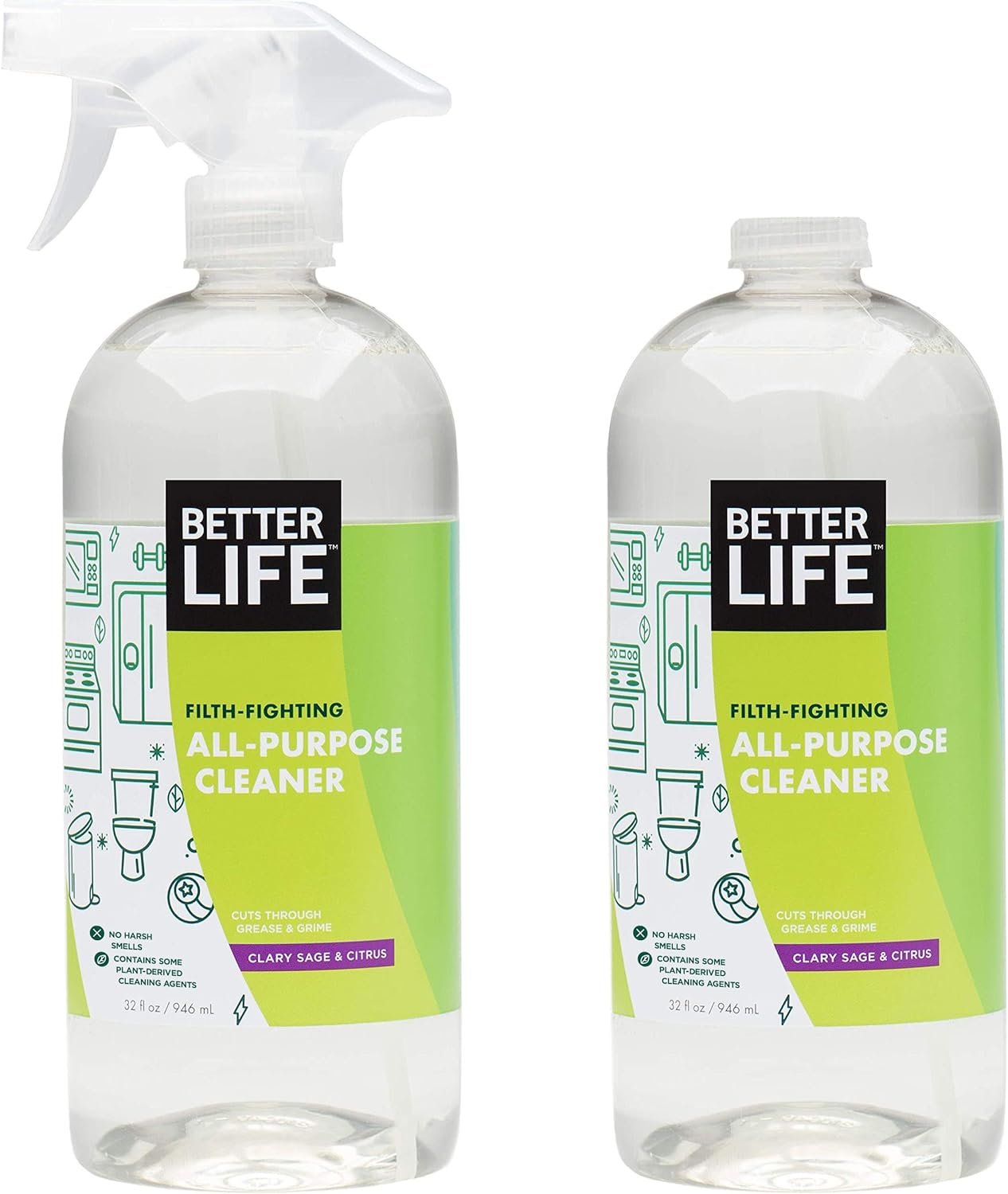 Better Life All Purpose Cleaner – Multipurpose Home and Kitchen Cleaning Spray for Glass, Countertops, Appliances, Upholstery & More – Multi-surface Spray Cleaner – 32oz (Pack of 2) Clary Sage/Citrus