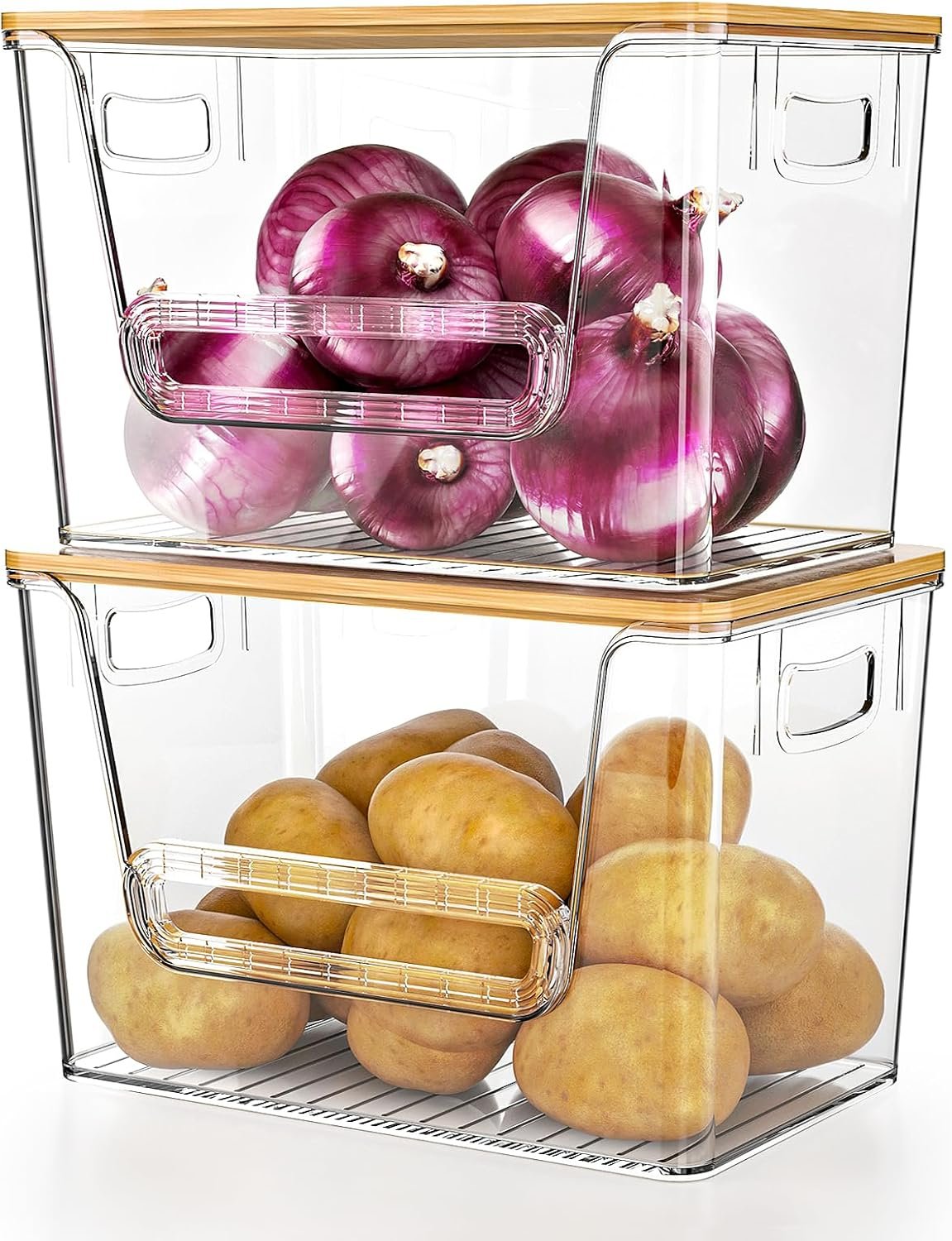 Delamu 2 Set Pantry Organizers and Storage, Trash Bag Holder Under Sink Organizer for 4-13 Gal Bags, Trash Bag Dispenser with Bamboo Top for Onion, Potato, Garlic, Clear (11-7/32″L*7″ W*7-1/8″H)