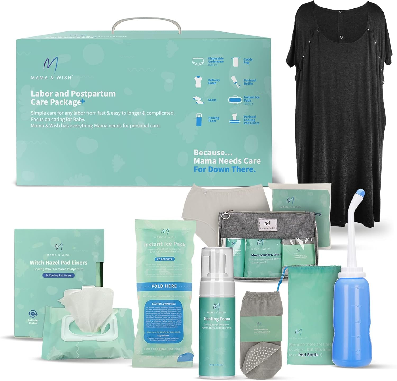 Mama & Wish® Postpartum Essentials Kit (14-Piece) – Includes Hospital Post Partum Essentials for Women After Birth, Labor and Delivery Gown, Peri Bottle, Witch Hazel Foam, Pad Liners & More!