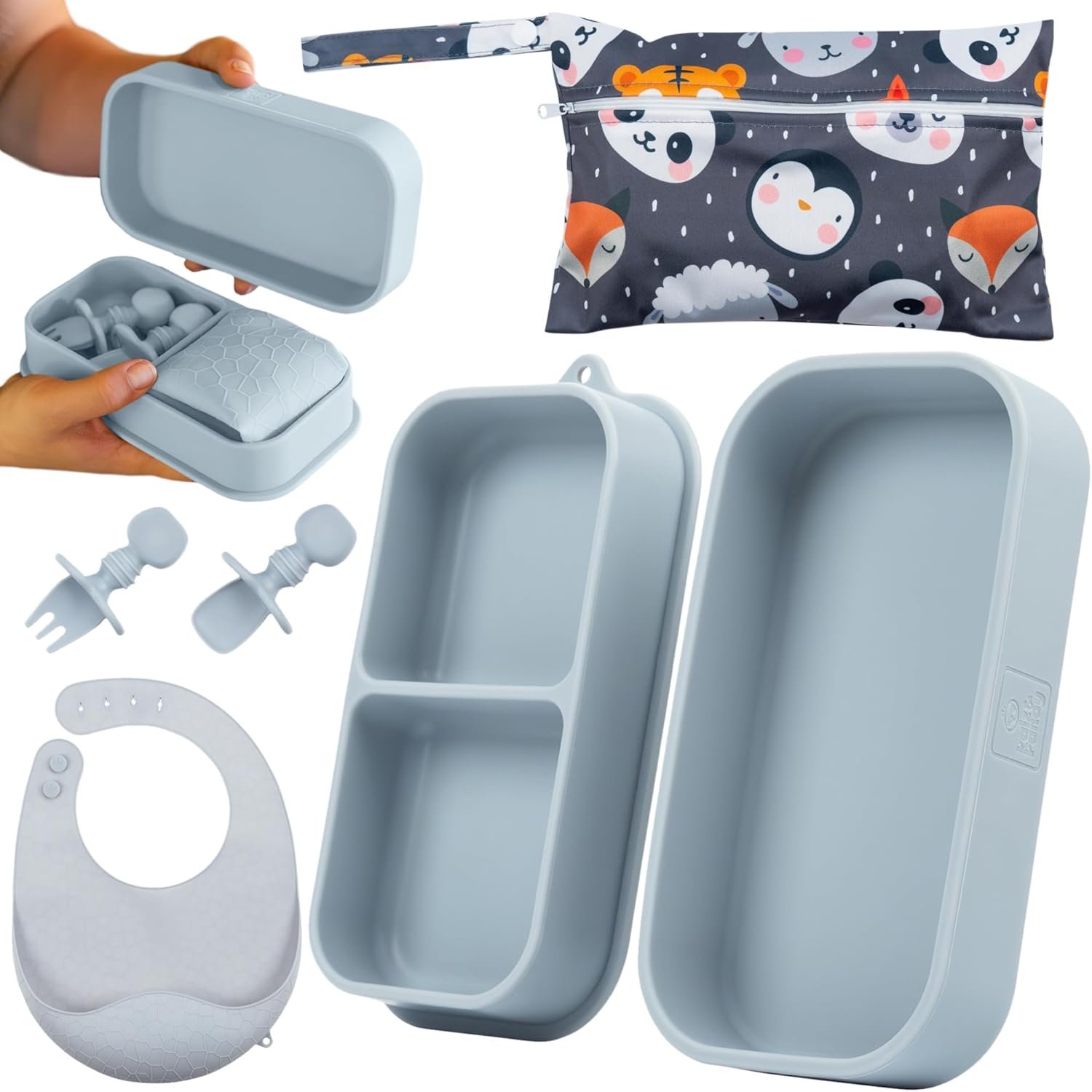 Travel Silicone Portable Feeding Supplies – Toddler Suction Plates, Silicone Baby Spoon & Fork, Lightweight Foldable Bib & Waterproof Storage Bag – 6 Piece Set
