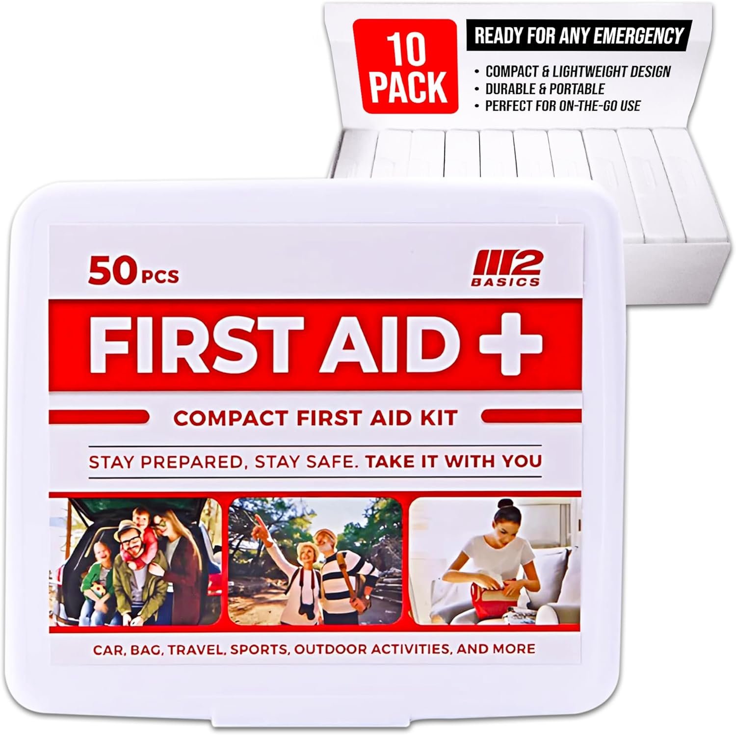 M2 BASICS Bulk 10-Pack Mini First Aid Kit Bundle (500 Pieces Total, 50 Pieces Per Kit) – First Aid Kits for Car, Vehicles, Travel, Home, Charity, Donations – Compact Emergency Medical Supplies
