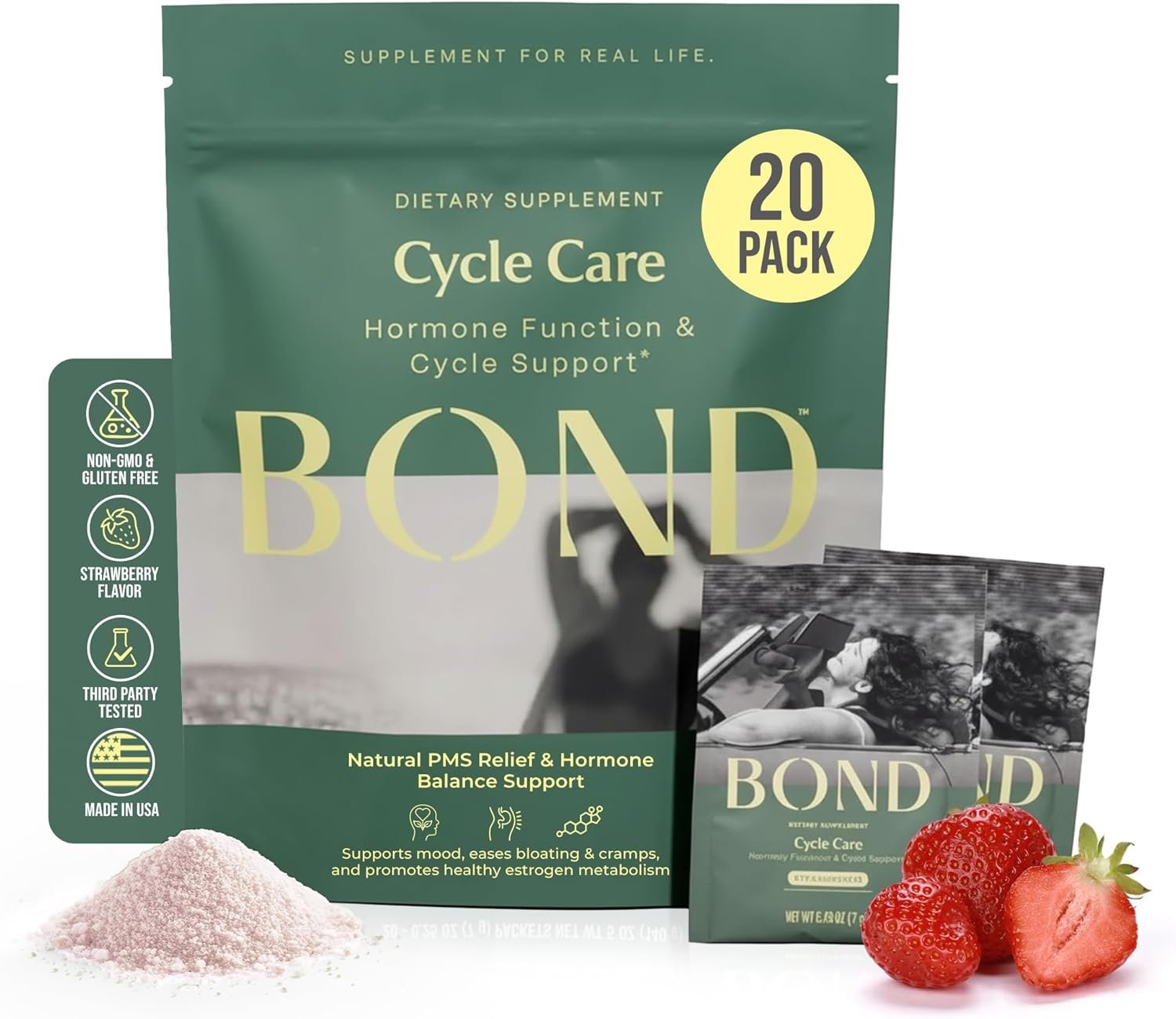 BOND Cycle Care – PMS Support Supplement & Hormone Balance for Women – Cortisol Reducer with Ashwagandha, L-Tryptophan, Magnesium, Cramps & Mood Relief, Strawberry Drink Mix – 20 Travel Packs